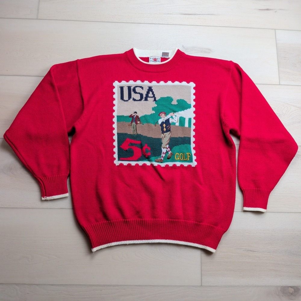 Vintage 90s‎ Cotton Traders Sweater Mens L Golf Postage Stamp Knit USA Americana - Picture 2 of 13